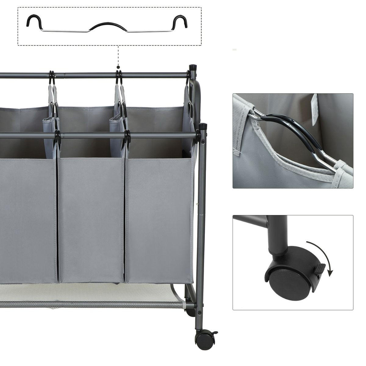 WÄSCHESAMMLER mit 4 abnehmbaren Taschen Grau auf Rollen - L87,5 cm - Grau, Metall (81/38.5/87.5cm) - Calicosy