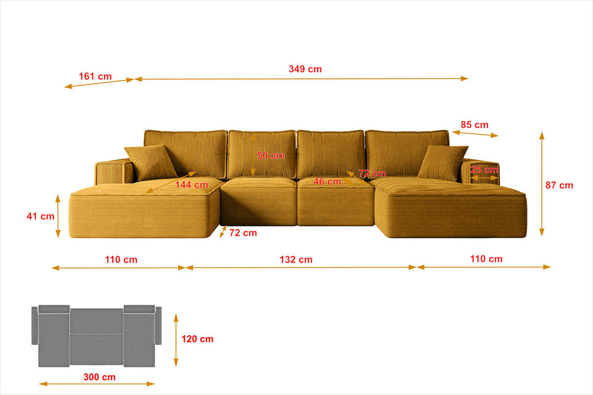 WOHNLANDSCHAFT mit Schlaffunktion und Bettkasten SIERRA-U-S - 349x161x87 cm Senfgelb Cord - Currygelb/Schwarz, Holzwerkstoff/Kunststoff (349/87/161cm) - ALTDECOR