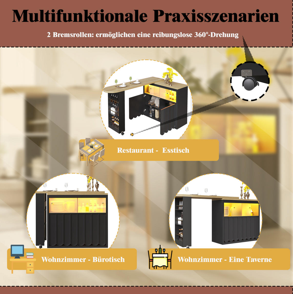 BARTISCH 135-205/39/100 cm mit Rollen, LED und Stauraum in Schwarz - Schwarz, Holzwerkstoff (135/39/100cm) - BEAOK
