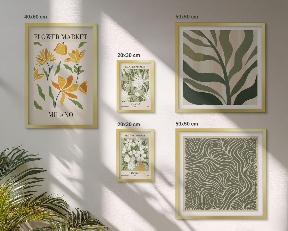 WANDBILDER 5er Set - 50x50 cm & 20x30 cm & 40x60 cm Goldrahmen - Pflanzenmuster, Boho-Dekorationen - Goldfarben, Kunststoff (40/60cm) - ArtPrintCave
