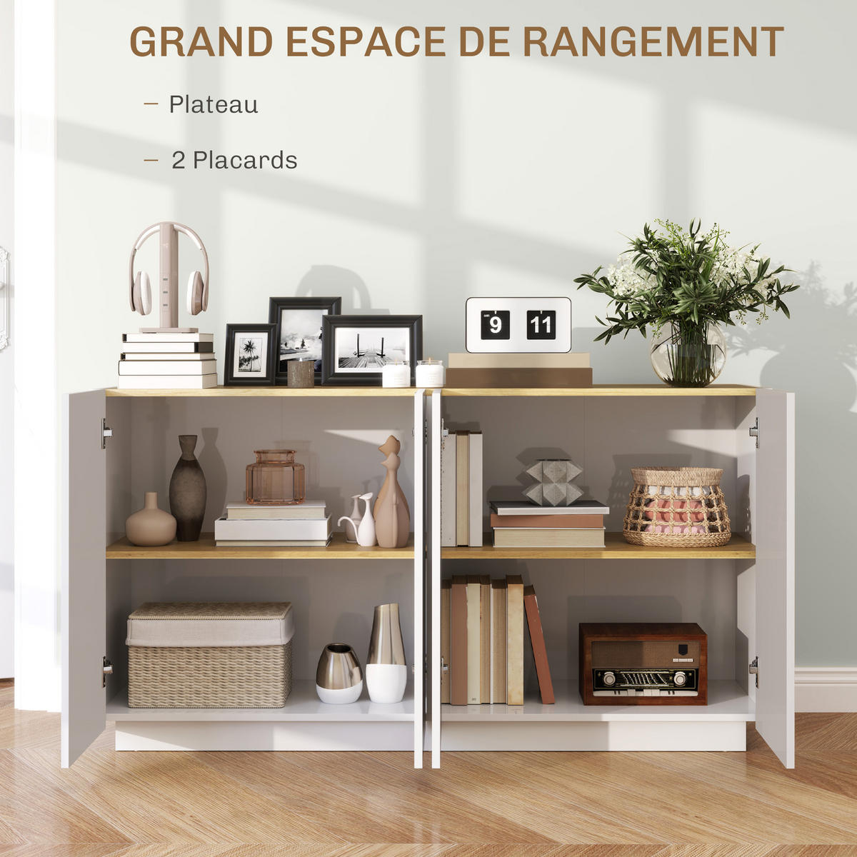 SIDEBOARD Weiß-Lack, Kiefer-Nachbildung, 4 Türen, 140/40/75 cm - Weiß Hochglanz, Holz (140/75/40cm) - PANGIVO