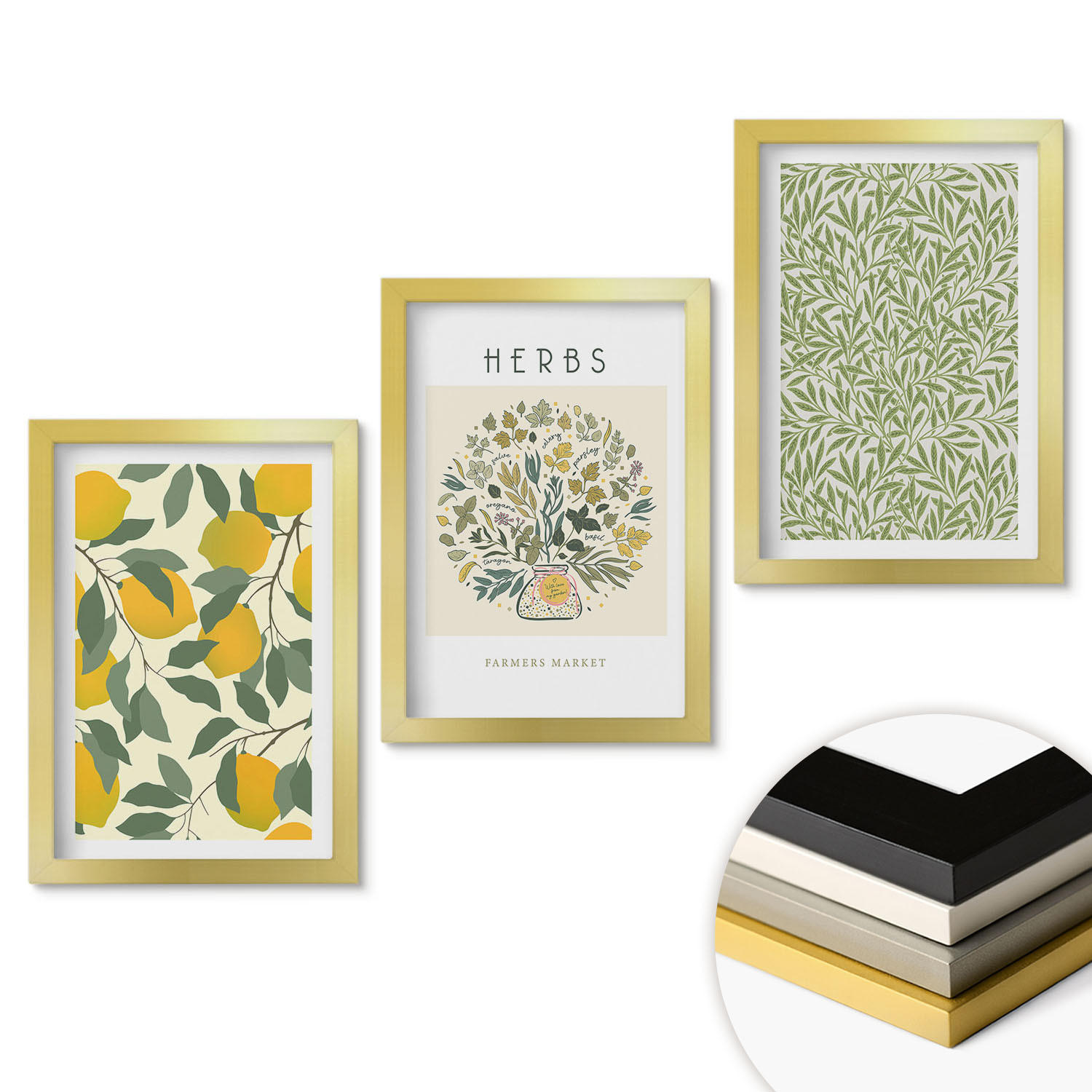 WANDBILDER 3er Set - 20x30 cm Goldrahmen - Zitronen mit Kräutern und Blättern - Goldfarben, Kunststoff (20/30cm) - ArtPrintCave