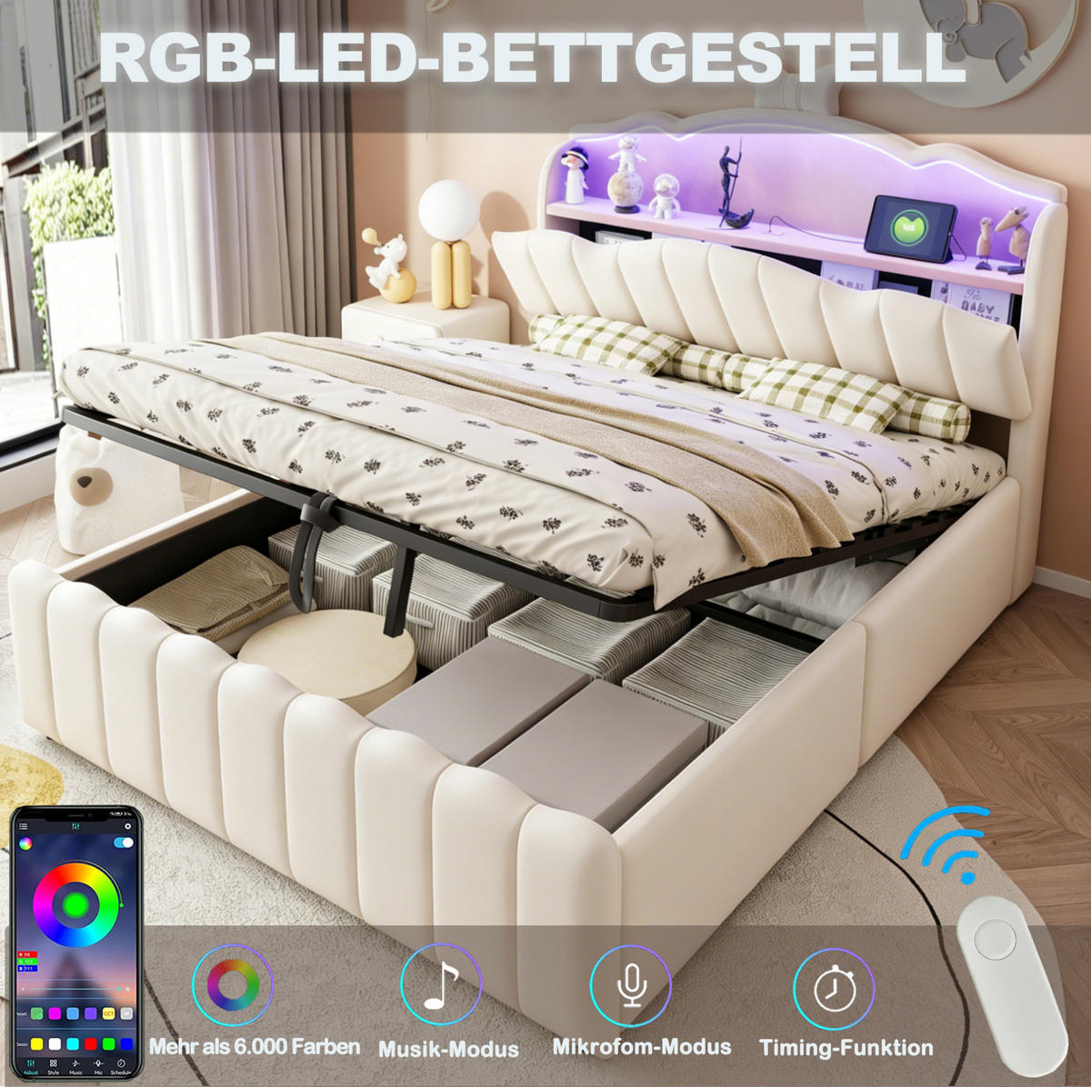 KINDERBETT 140x200 cm in Beige mit LED, USB-/USB-C-Anschlüssen und hydraulischem Stauraum - Beige, Textil (140/200cm) - IVMEU
