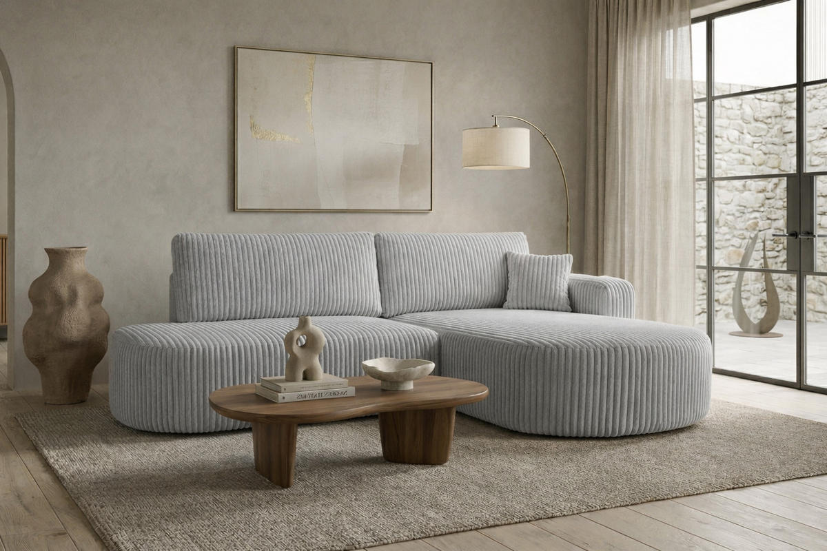 ECKSOFA Mit Schlaffunktion Und Bettkasten, Cordstoff Tilia, Grau, Rechts, ROUND ONE OPEN XL - Grau, Holz (262/175cm) - Kaiser Möbel