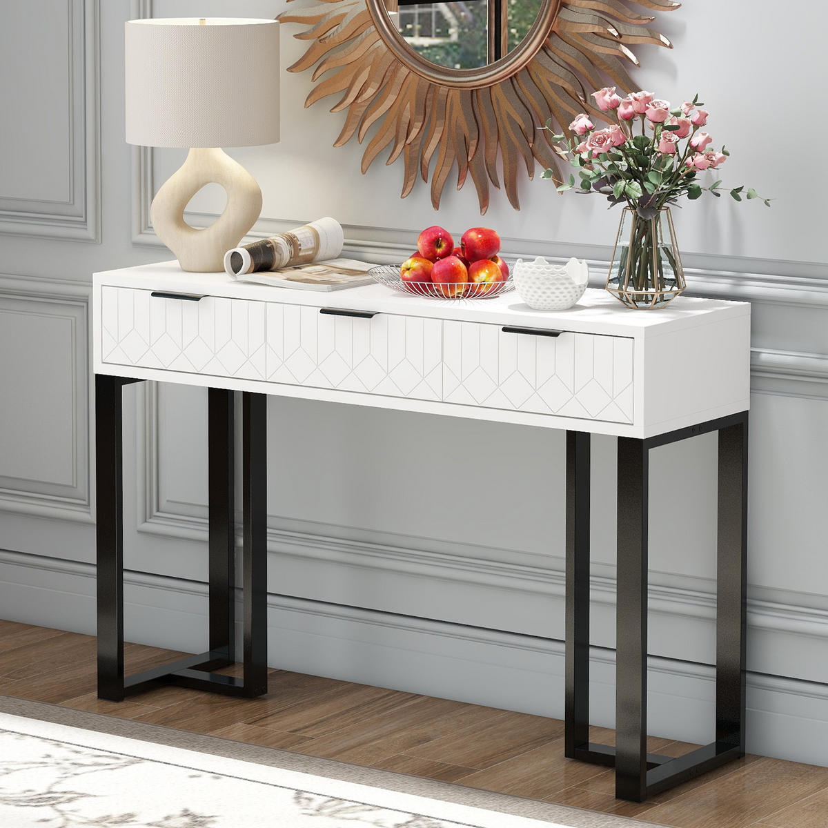 BEISTELLTISCH in Weiß und Schwarz Konsolentisch mit Schubladen für Wohnzimmer, Flur und Büro, B120/T36/H80 cm - Schwarz/Weiß, Holzwerkstoff/Metall (36/120/80cm) - STILVORA