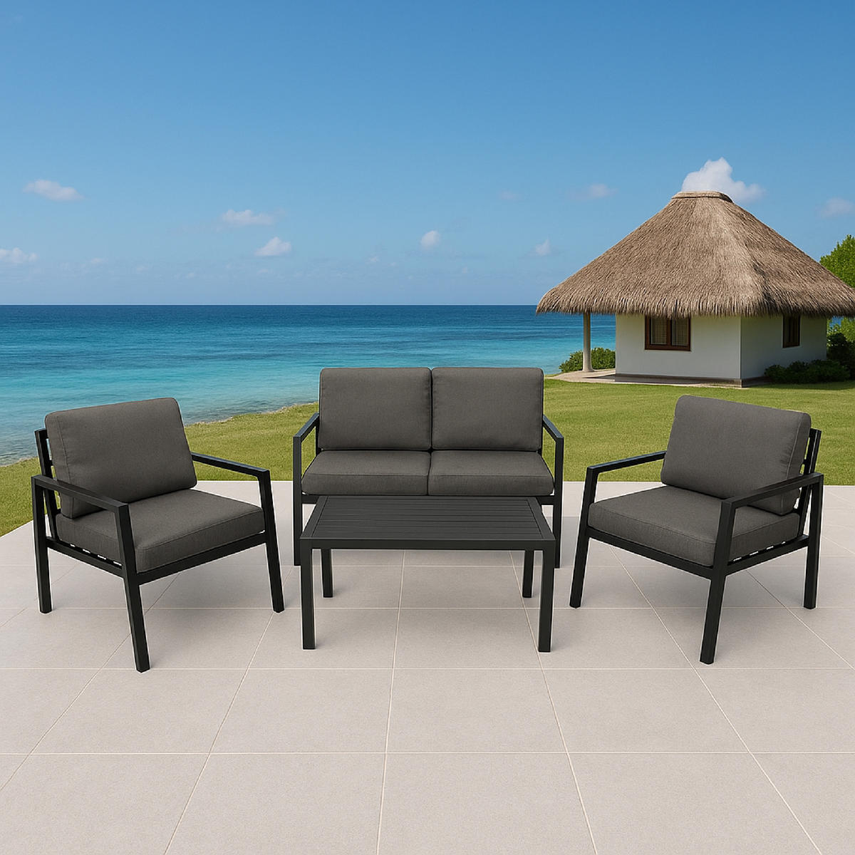 LOUNGESET Kilbride - 4-teilig (1x 2-sitzer Sofa mit Polster, 2x 1-sitzer Lehnenessel mit Polster, 1x Kaffeetisch), Aluminium - Grau, Metall - TPFGarden