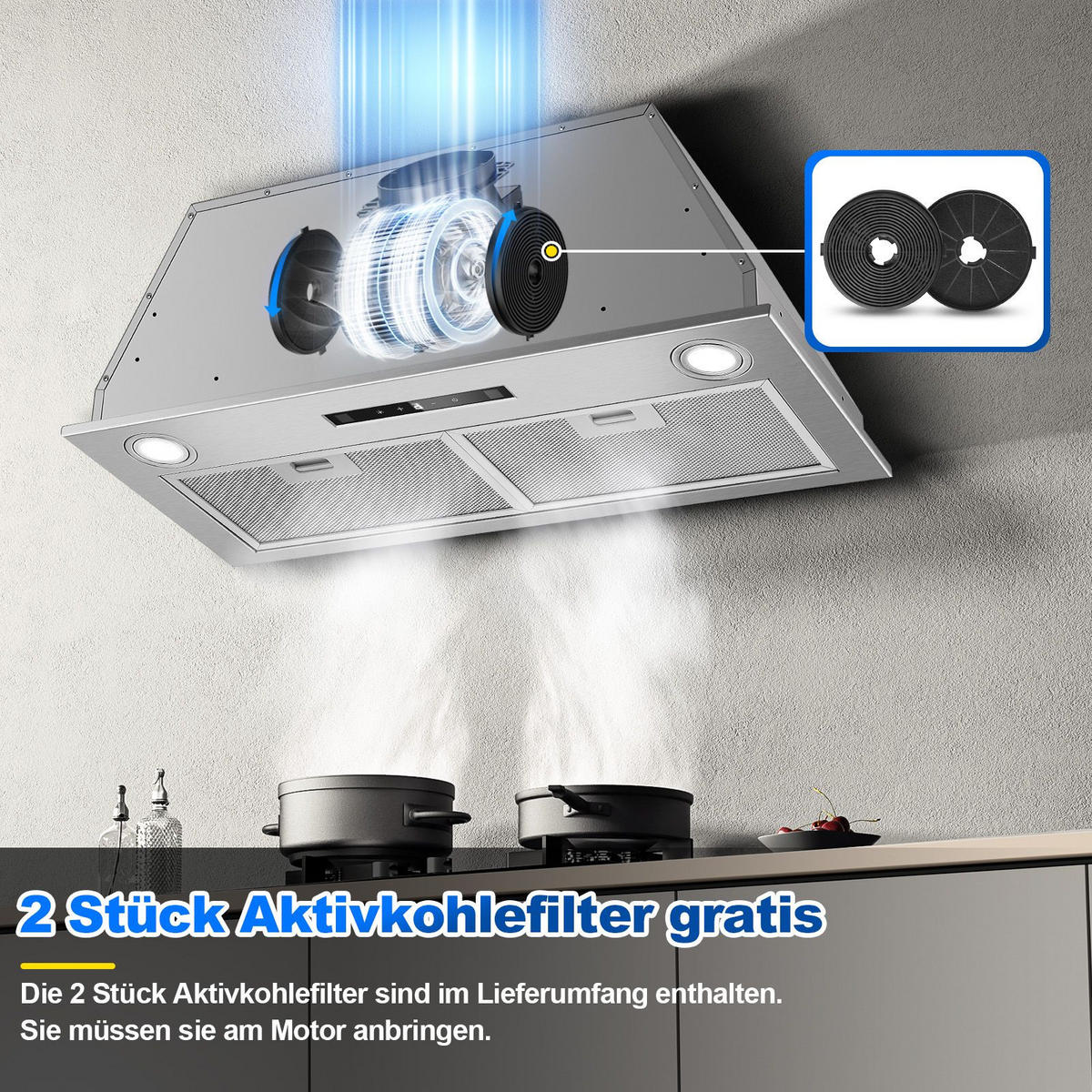 DUNSTABZUGSHAUBE mit Touch-Bedienung, Aktivkohlefilter, Filter - Silberfarben, Metall (37/41.12/84.7cm) - Korfee