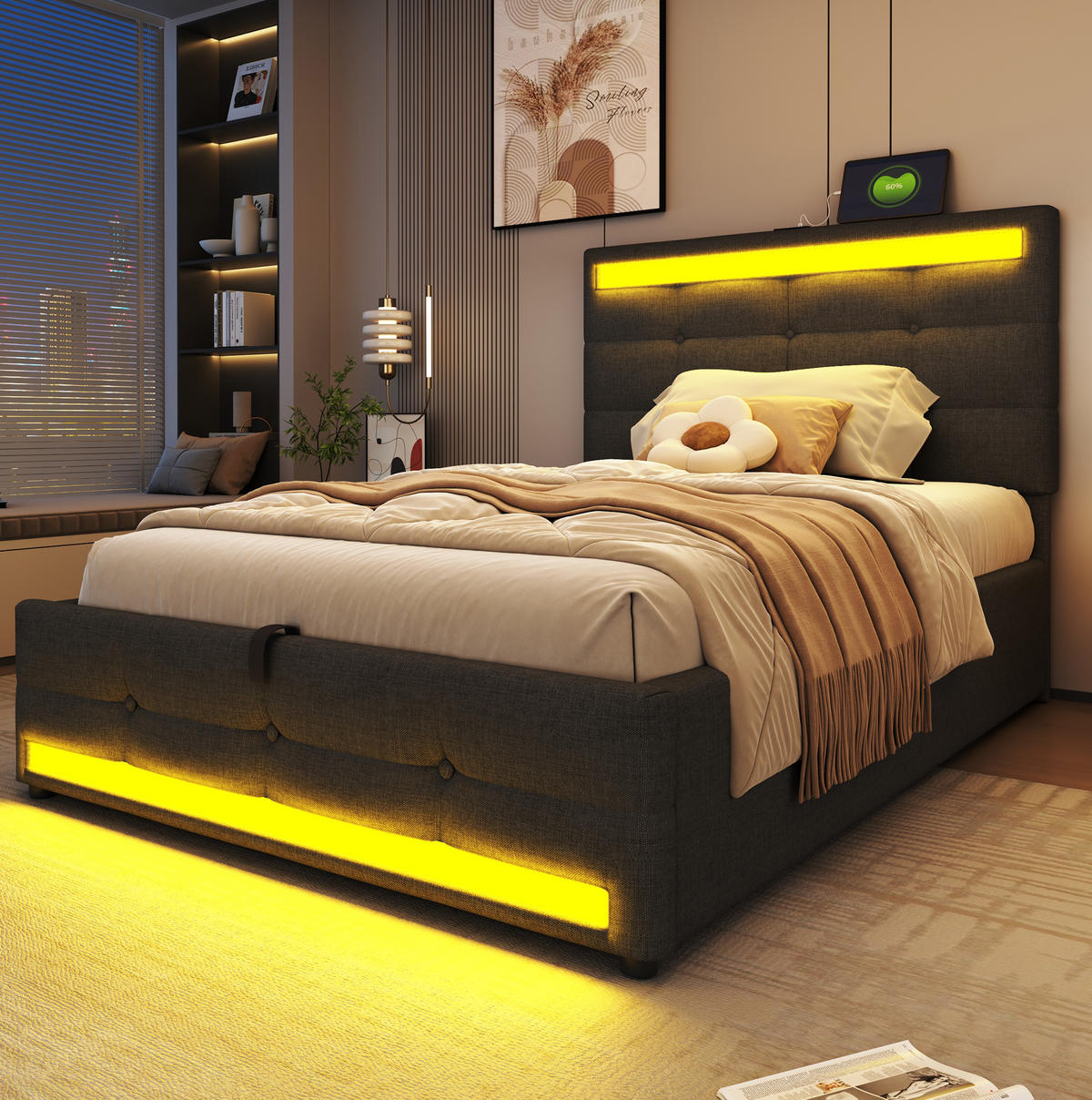 POLSTERBETT 90/200 cm Grau aus Stoff mit LED und USB - Grau, Textil (90/200cm) - OKMYHOME