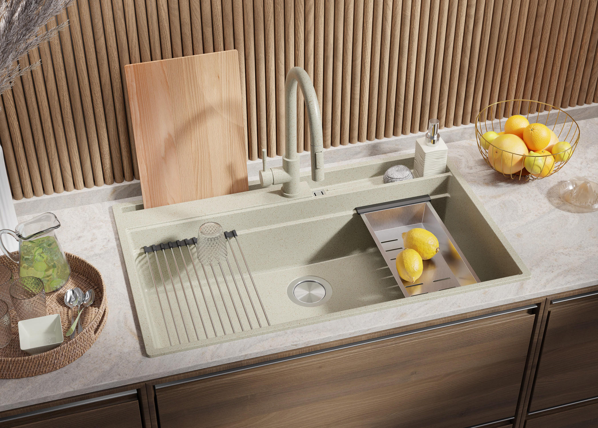 SPÜLBECKEN Oslo Pocket, 2-er set Beige 88/53 cm 1 Becken + Ablauf-Set + Küchenzubehörset ab 90er Unterschrank - Chromfarben/Beige, Kunststoff (88/20/53cm) - Primagran