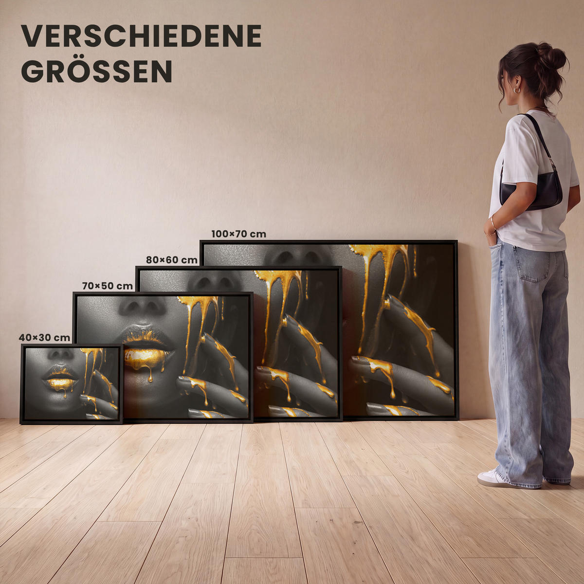 LEINWAND Bilder mit Rahmen - Frau - Schwarz - Gold - Gesicht - Lippen - 70x50 - Goldfarben, Textil (70/50cm) - MuchoWow