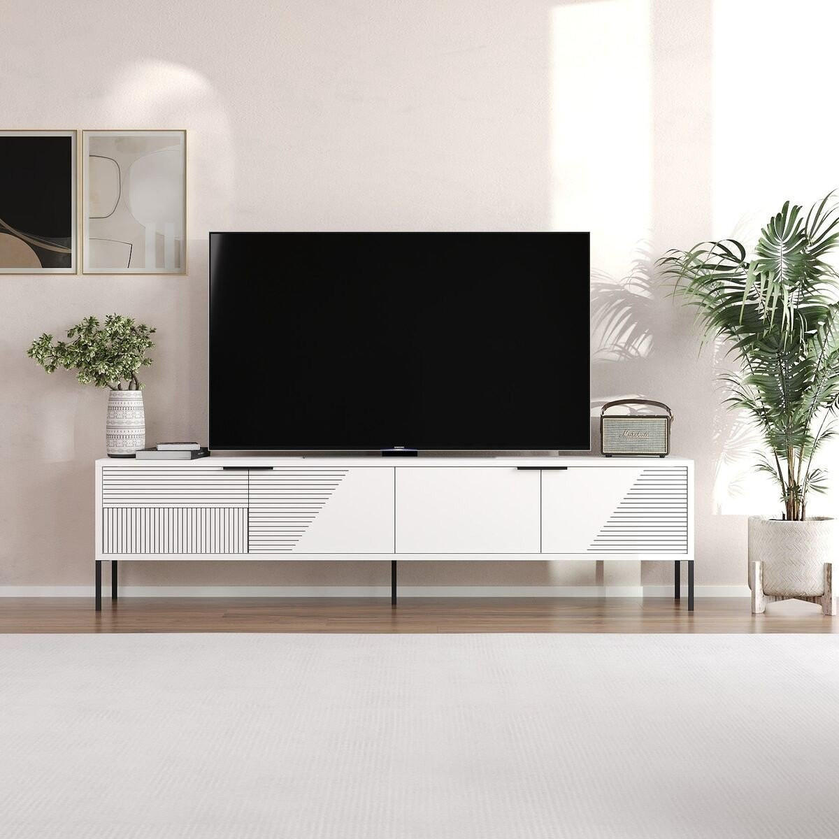 TV-MÖBEL auf Füßen mit 2 klappbaren, gerippten Türen 30/180/45 cm - Weiß, Holzwerkstoff (30/45/180cm) - Calicosy