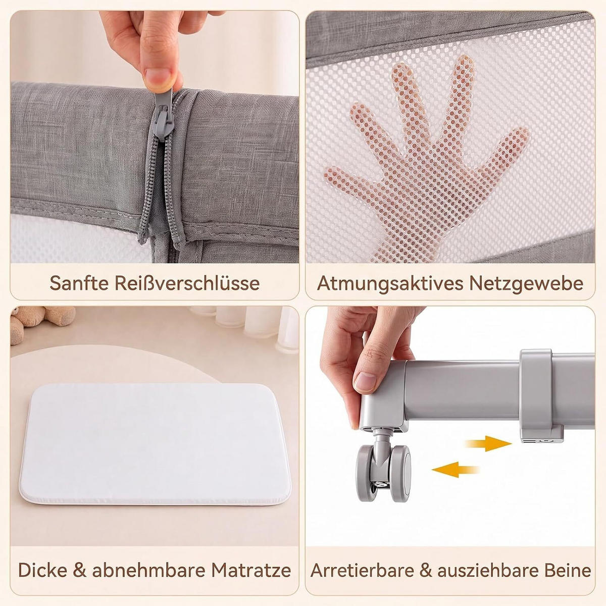 BABYWIEGE höhenverstellbar grau - Grau, Textil - COSTWAY