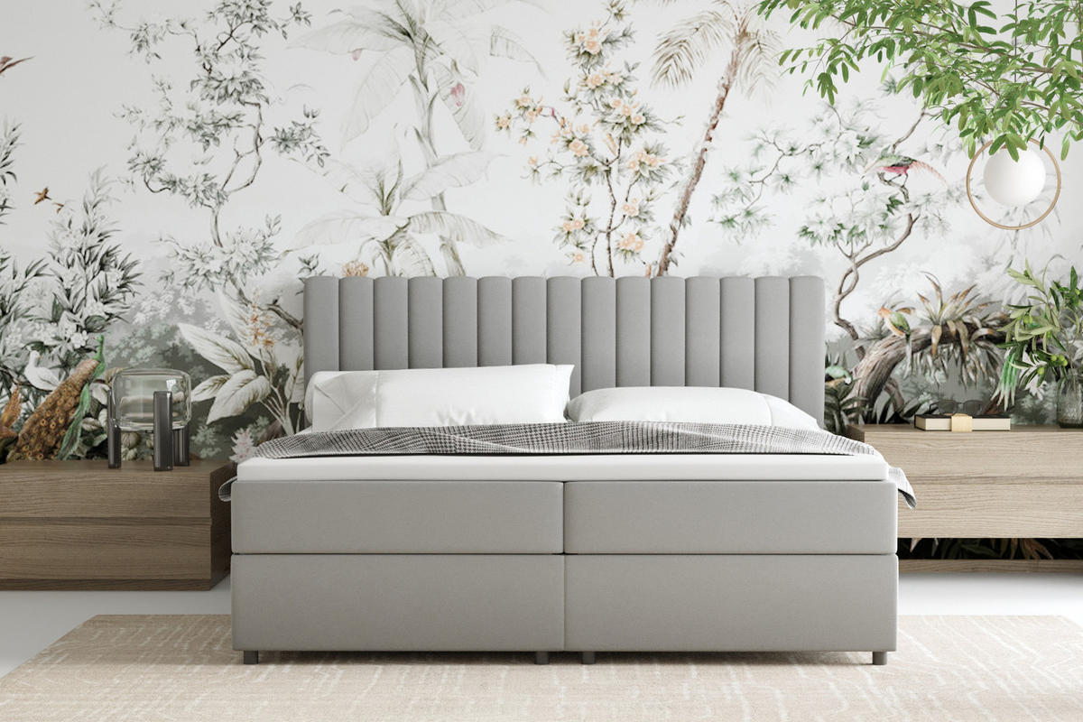 BOXBETT Everest grau 180 x 200 cm Doppelbett mit hochwertiger Bonell-Matratze und Topper - Hellgrau, Holz (180/200cm) - Panda Möbel