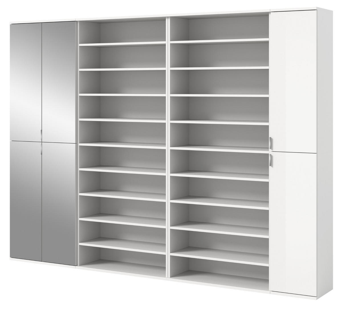 GARDEROBENSCHRANK weiß Hochglanz 281 cm, Schuhschrank XXL mit 35 Fächern - Chromfarben/Weiß Hochglanz, Glas/Holzwerkstoff (251/193/34cm) - Inn.Furn