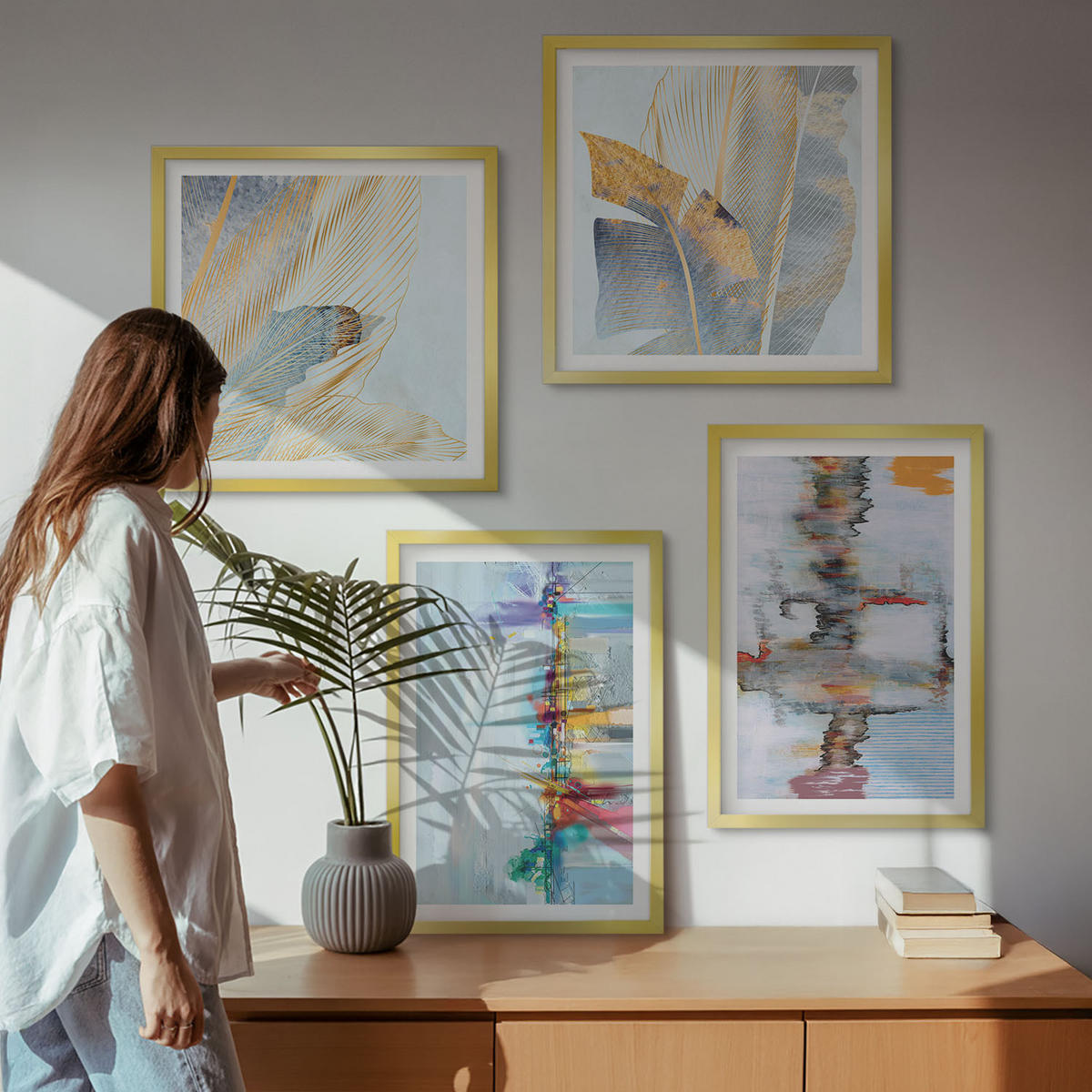 BILDER SET 4er Set - 50x50 cm & 40x60 cm Goldrahmen - Abstrakte Gemäldekompositionen - Goldfarben, Kunststoff (50/50cm) - TULUP