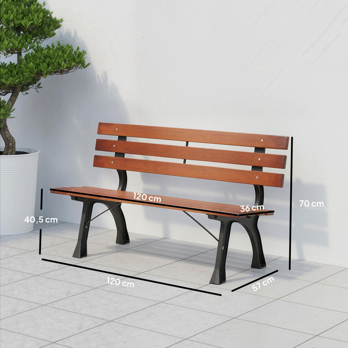 GARTENBANK, 2-Sitzer, Parkbank mit Rückenlehne, Holzbank, für Garten, Balkon, Kaffee - Dunkelbraun, Holz/Metall (57/70/120cm) - Outsunny