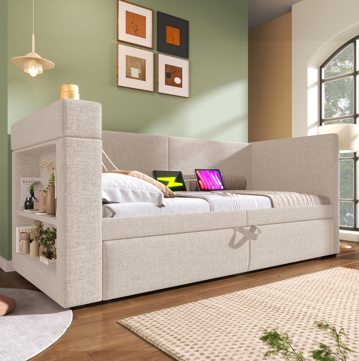 POLSTERBETT aus Baumwoll-Leinen 90x200 cm in Beige mit Ausziehbett & Ladestation - Beige, Textil (90/200cm) - Modfu