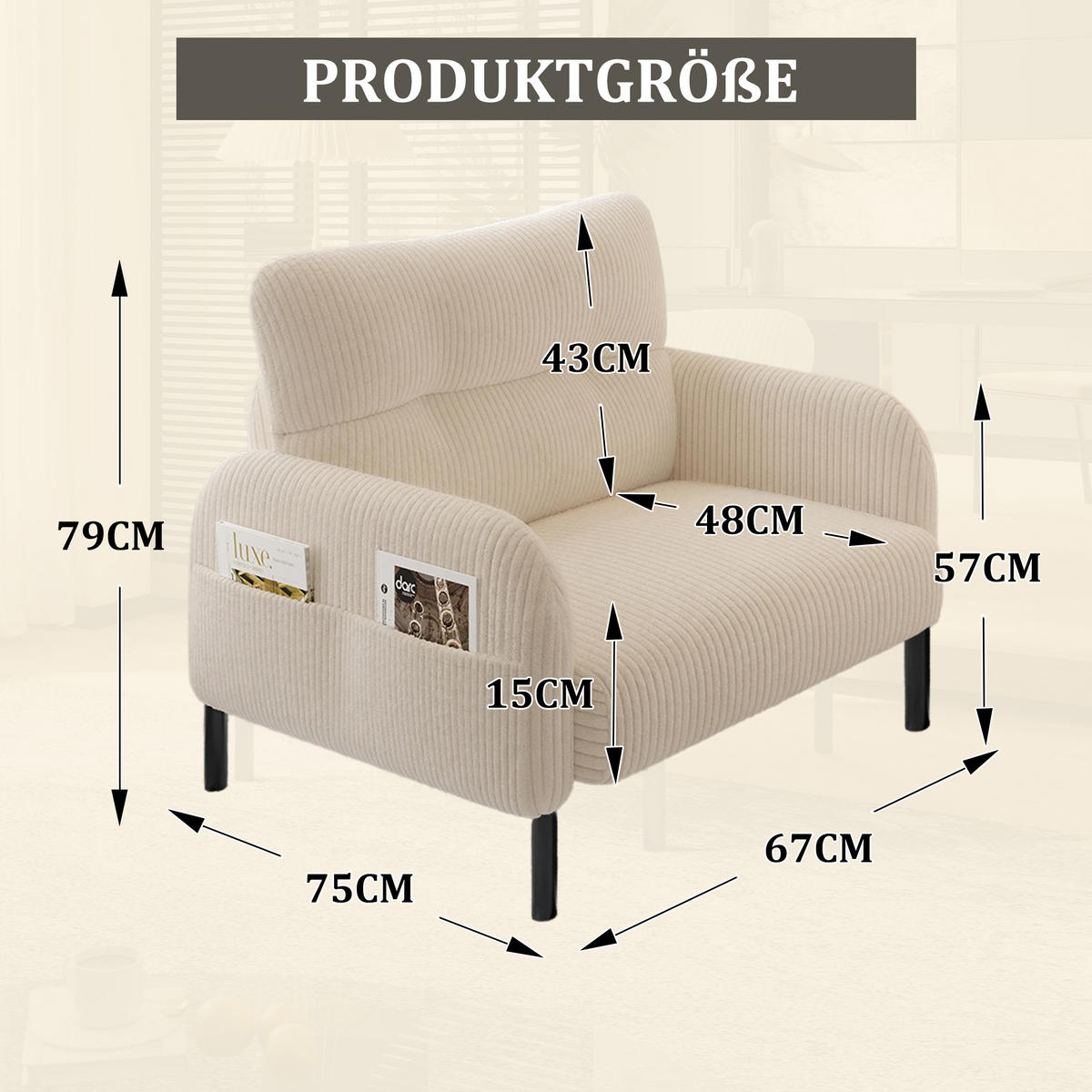 SESSEL Loungesessel,Polstersessel,Cord,Beige - Beige, Textil (67/79/75cm) - LVHOM