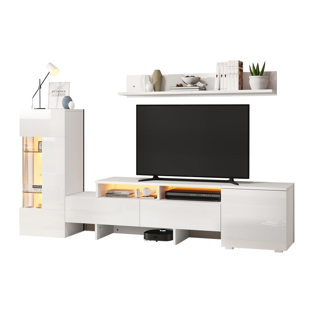 TV-WOHNWAND 3-teilig aus Spanplatte, Acryl und Glas Weiß mit LED-Beleuchtung und Stauraum - Weiß, Holzwerkstoff (170/45/35cm) - IVMEU