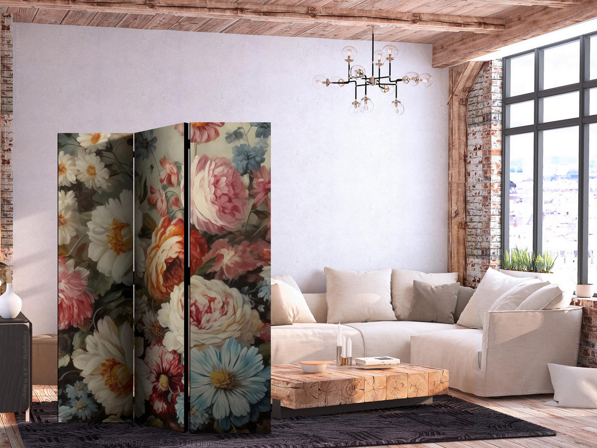 PARAVENT Einseitig Bedruckter 3-tlg 135x172 cm Wildblumen im Retro - Multicolor, Holz/Textil (135/172/3cm) - Muralo