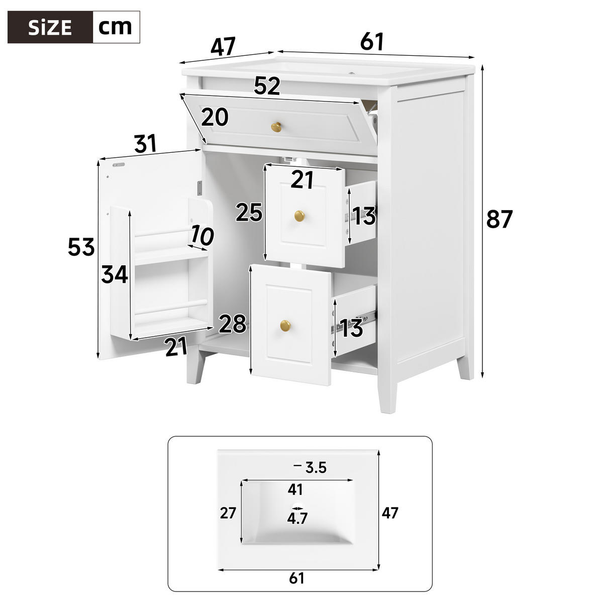 WASCHTISCHUNTERSCHRANK Weiß mit Keramikbecken - Weiß, Holzwerkstoff (61/87/47cm) - Urban Meuble