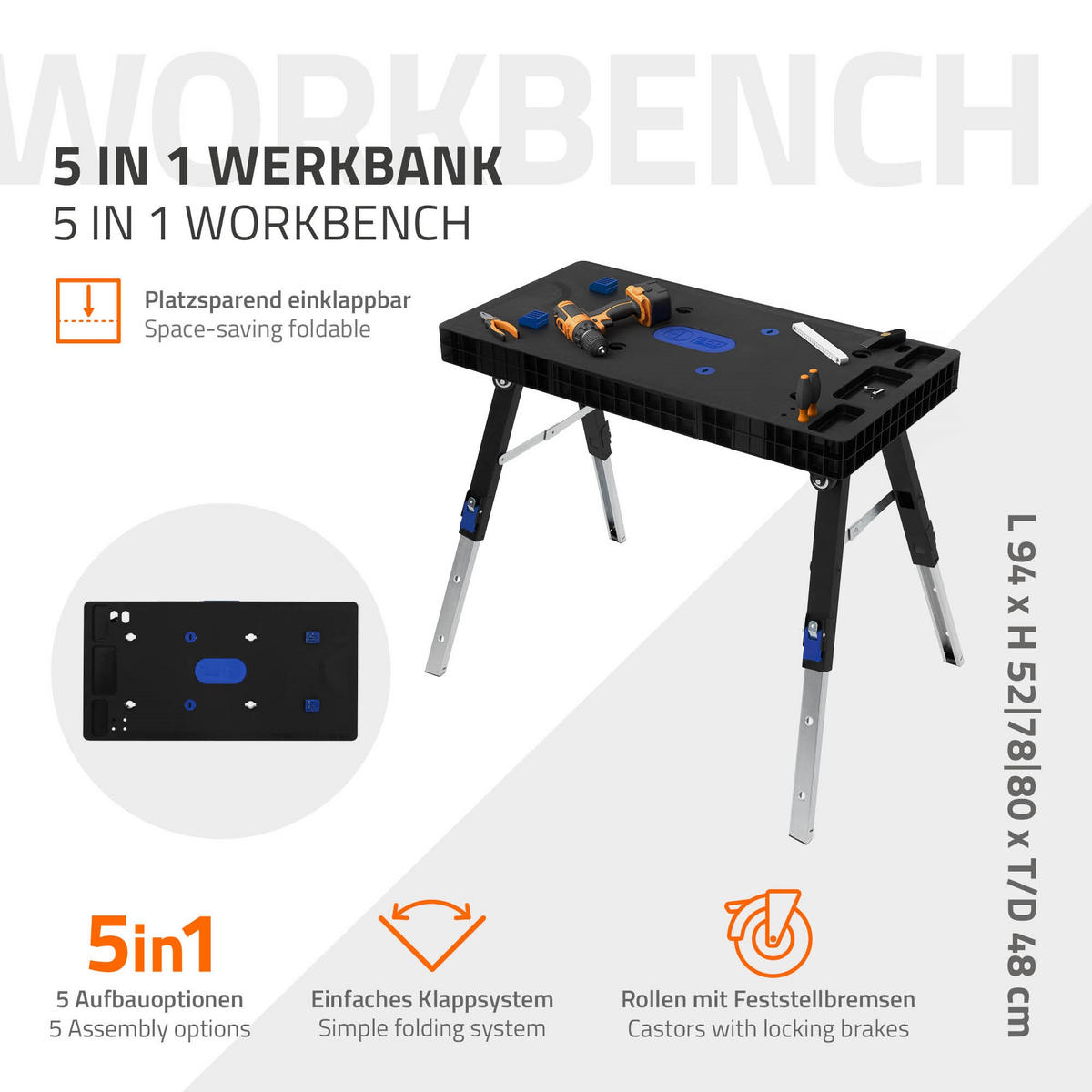 WERKBANK 5-in-1 - Schwarz, Kunststoff (100.5/80/72cm) - ECD-Germany