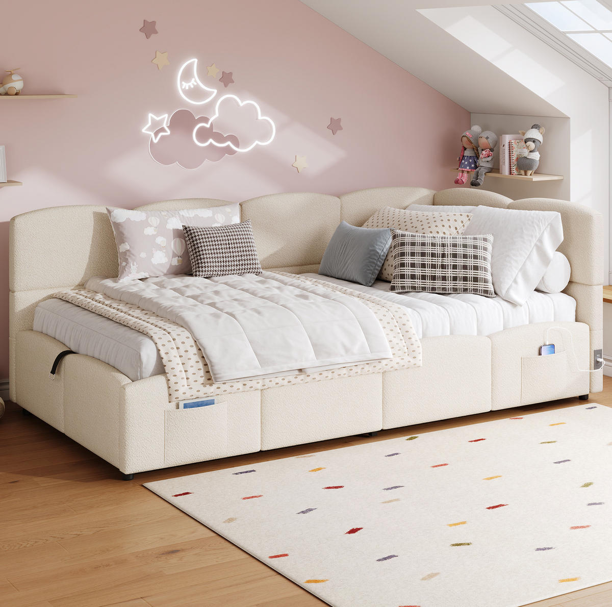 POLSTERBETT 90/200 cm mit hydraulischem Stauraum, USB-A/USB-C, Stautaschen und Bouclé-Bezug, Beige - Beige, Textil (90/200cm) - Redom