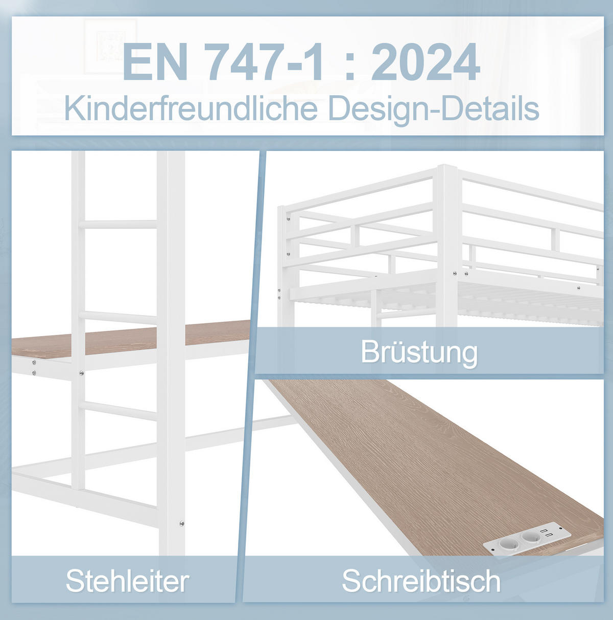 HOCHBETT aus Metall und MDF 90x200 cm Weiß mit Schreibtisch, LED-Lichtleiste, USB, Typ-C und Steckdose - Weiß, Metall (90/200cm) - Modfu