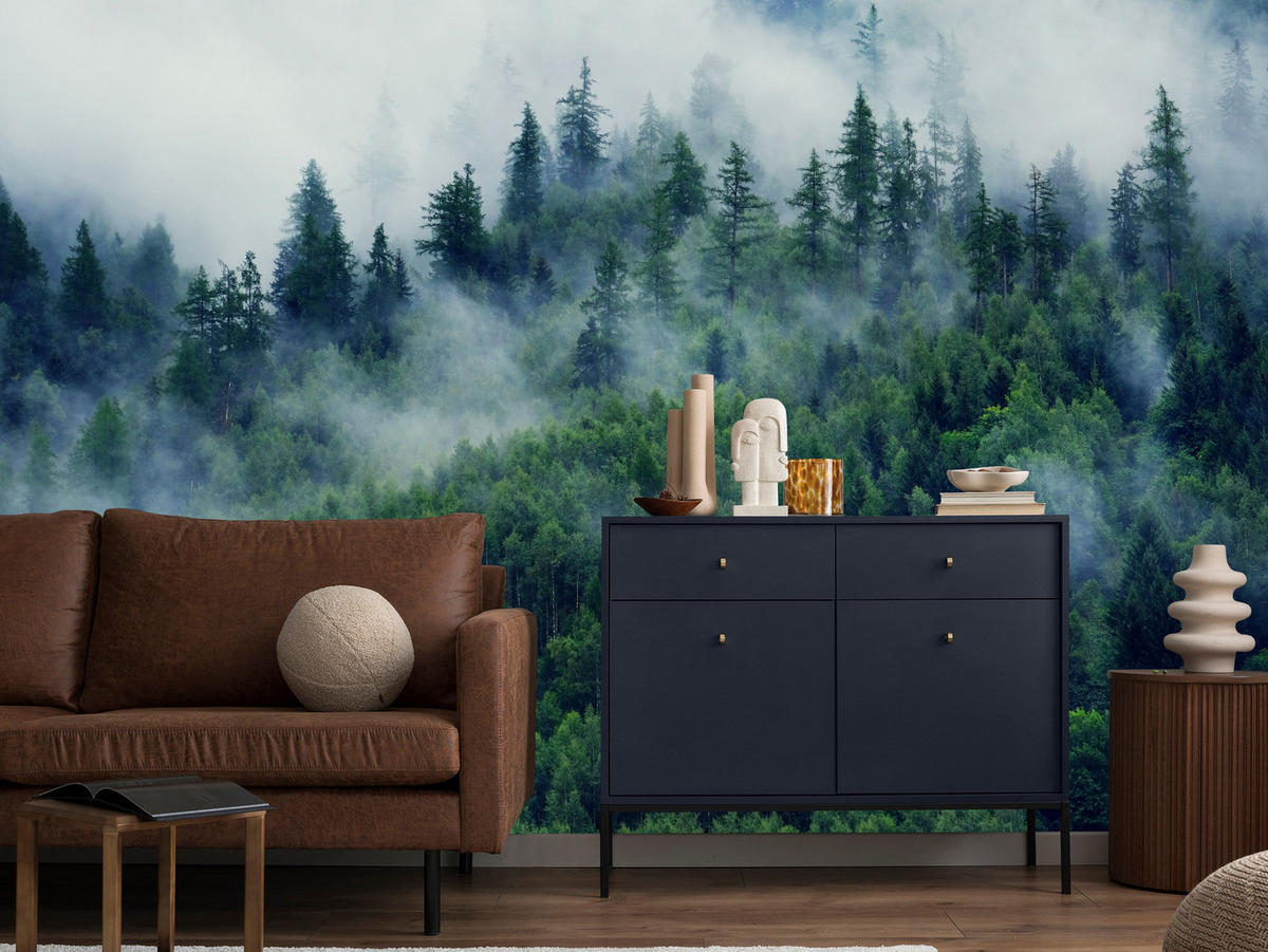 FOTOTAPETE Wald im Nebel Natur Landschaft 3D 100x70 - Grau/Grün, Papier (100/70cm) - Muralo