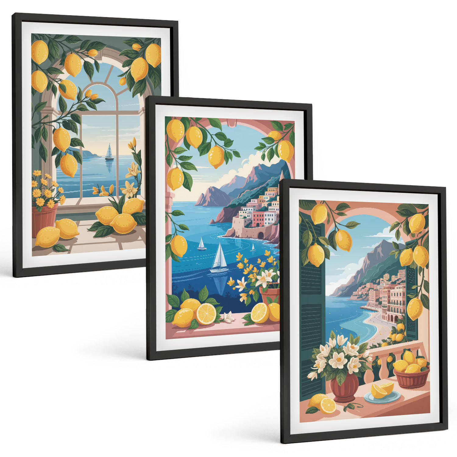 BILDER SET 3er Set - 40x60 cm Schwarzer Rahmen - Meerblick, italienische Zitronen - Schwarz, Kunststoff (40/60cm) - TULUP