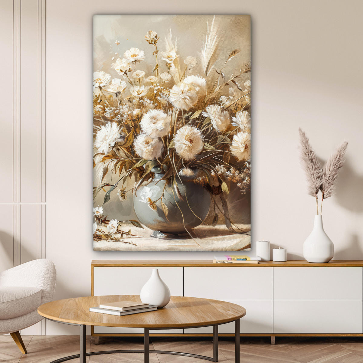 LEINWANDBILD Blumen - Vase - Stilleben - Beige Deko Groß 90x140 cm - Creme, Textil (90/140cm) - MuchoWow