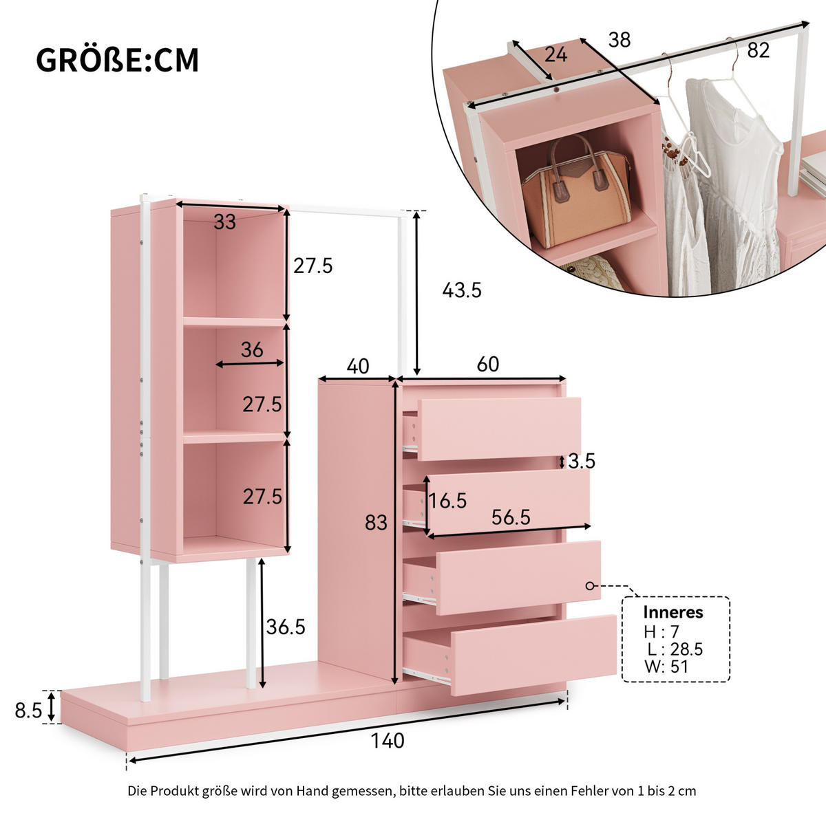 KLEIDERSCHRANK aus Spanplatte 40x100x135 cm Weiß/Rosa mit 4 Schubladen, 3 offenen Fächern und Kleiderstange - Pink, Holzwerkstoff (140/135/40cm) - Modfu