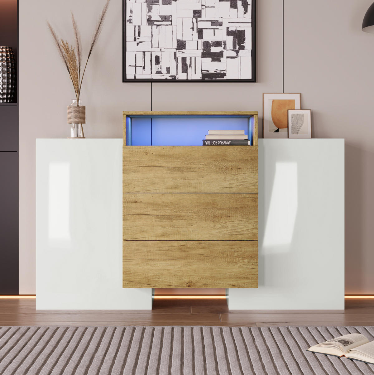 SIDEBOARD 140/77,5/30 cm Weiß und Holzfarbe aus MDF mit LED-Beleuchtung - Naturfarben, Holzwerkstoff (30/77/140cm) - OKMYHOME