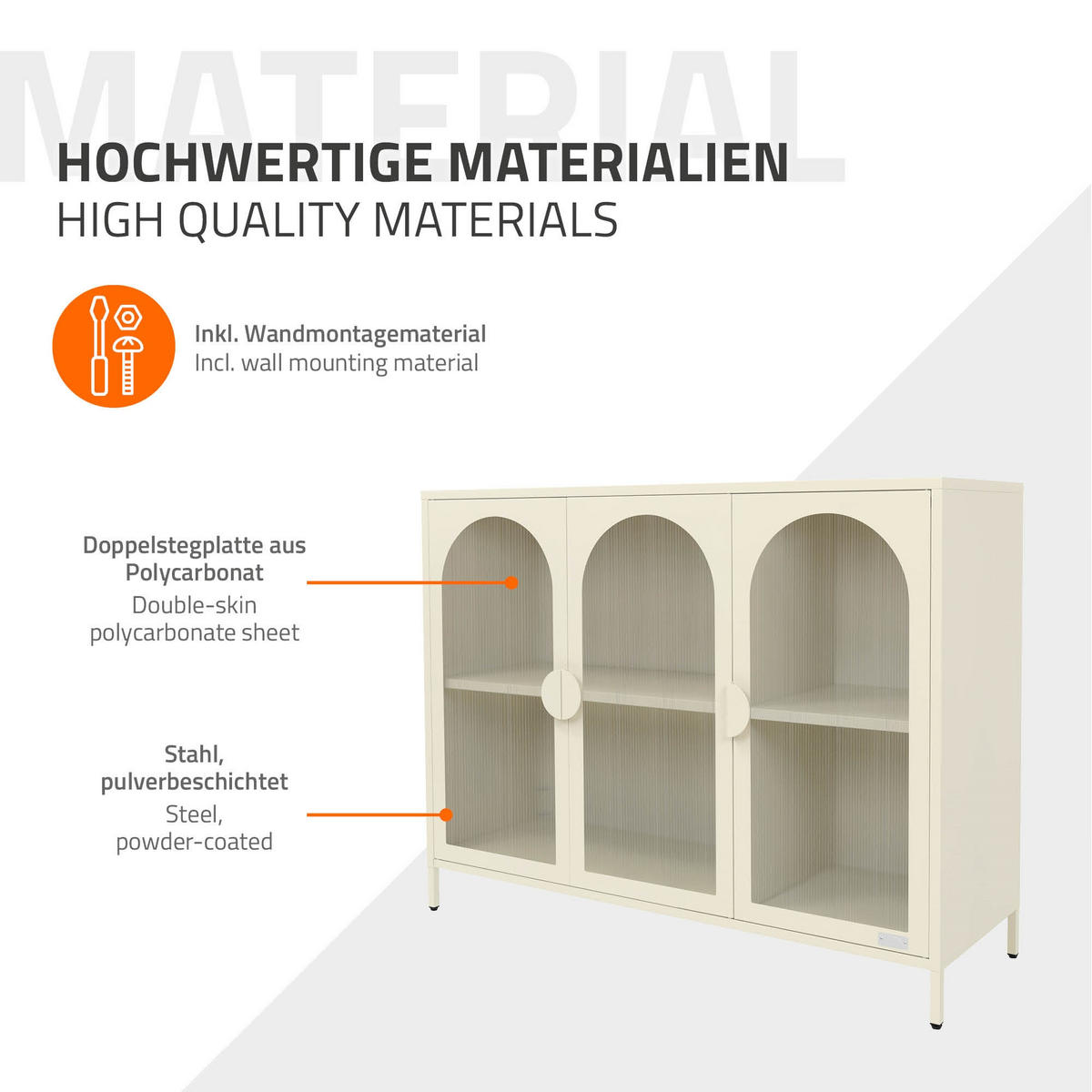 VITRINENSCHRANK aus Stahl 120x93x40 cm Creme mit 3 Türen - Creme, Metall (120/93/40cm) - ML-DESIGN