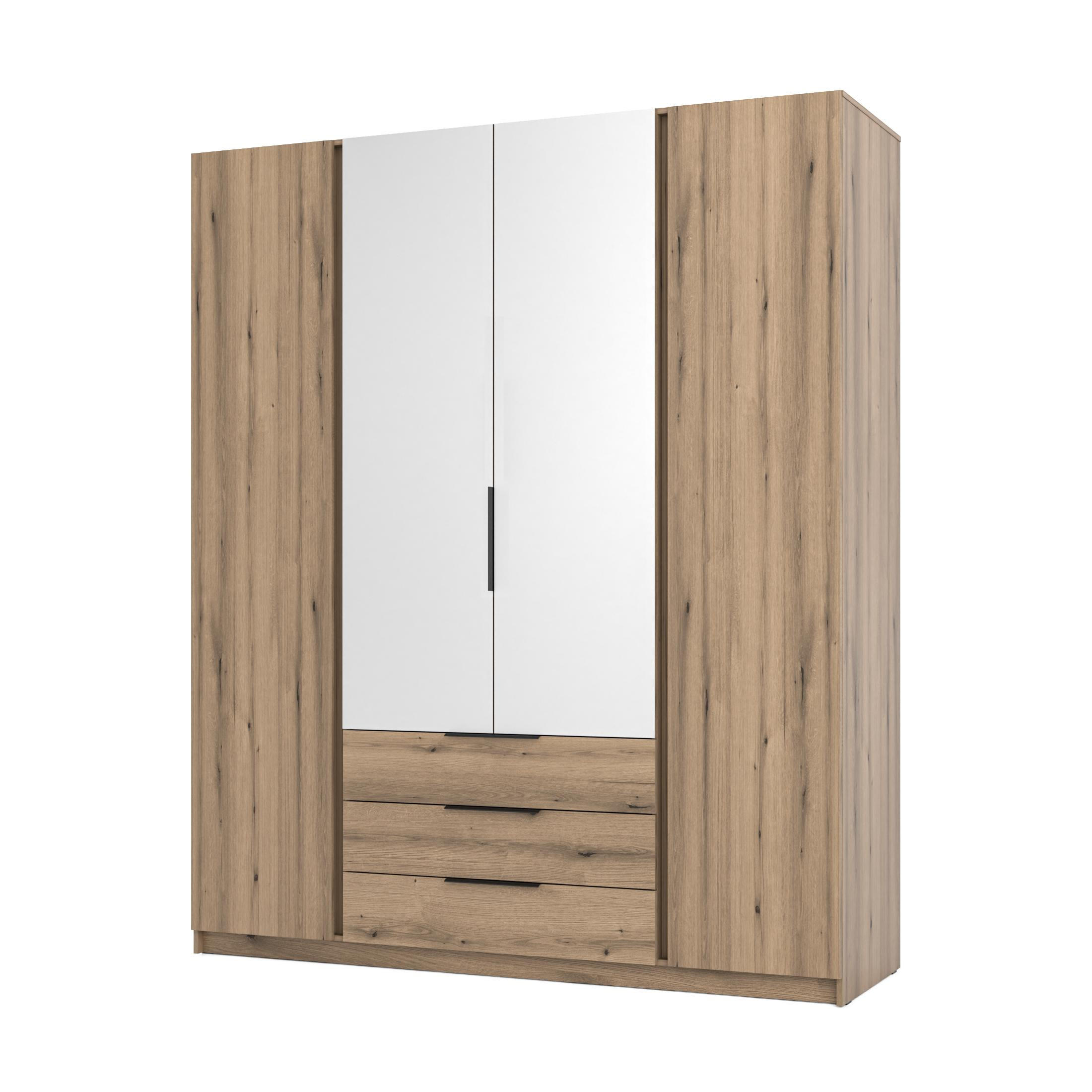 KLEIDERSCHRANK Nehir Eiche Evoke 200 cm - 4T3S Modern mit Schubladen und 2 Spiegeln mittig - Eichefarben, Holzwerkstoff/Kunststoff (200/239/61.9cm) - AX Living