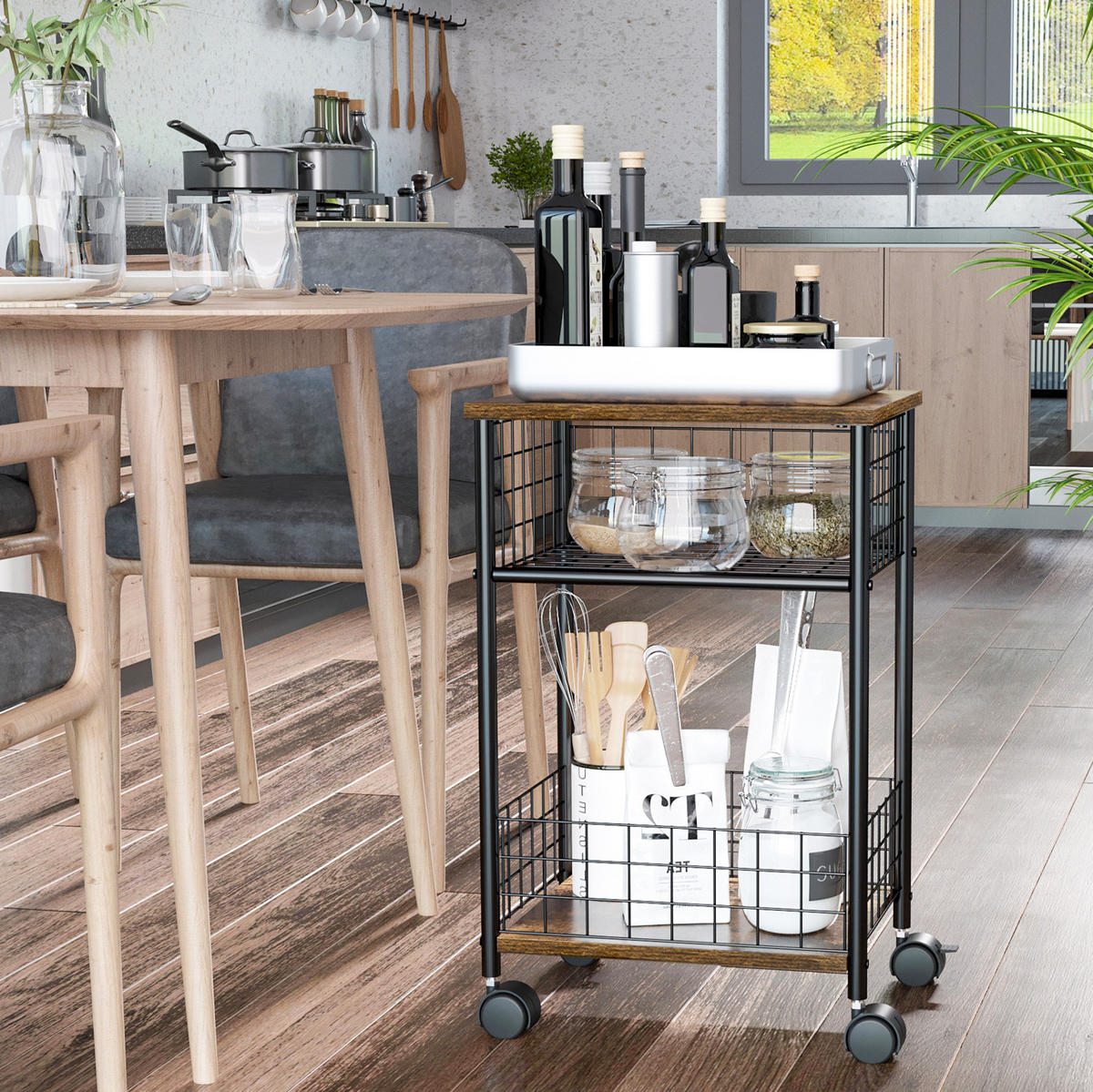KUCHYŇSKÝ vozík 40/30/62 cm se 4 kolečky, pracovní deskou a košem v industriálním stylu, Hnědá - hnědá, kompozitní dřevo (40/62/30cm) - Redom