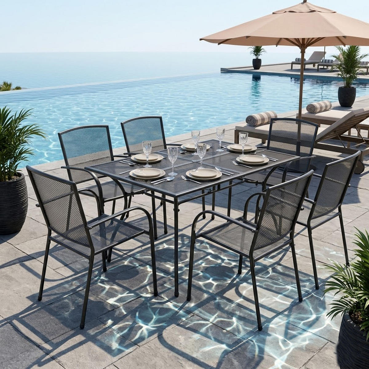 SITZGRUPPE Glasgow - Garten-GARTEN-GARNITUR 7-teilig Classic, Gartenessgruppe aus Streckmetall anthrazit - Grau, Metall - TPFGarden