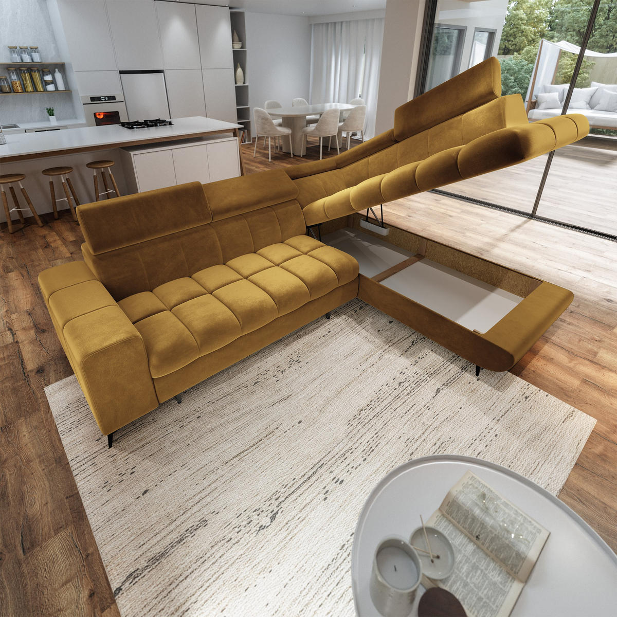 ECKSOFA MORIVA R-S Gelb Velours-Stoff mit Schlaffunktion - Gelb, Holz (253/190cm) - MASSENO