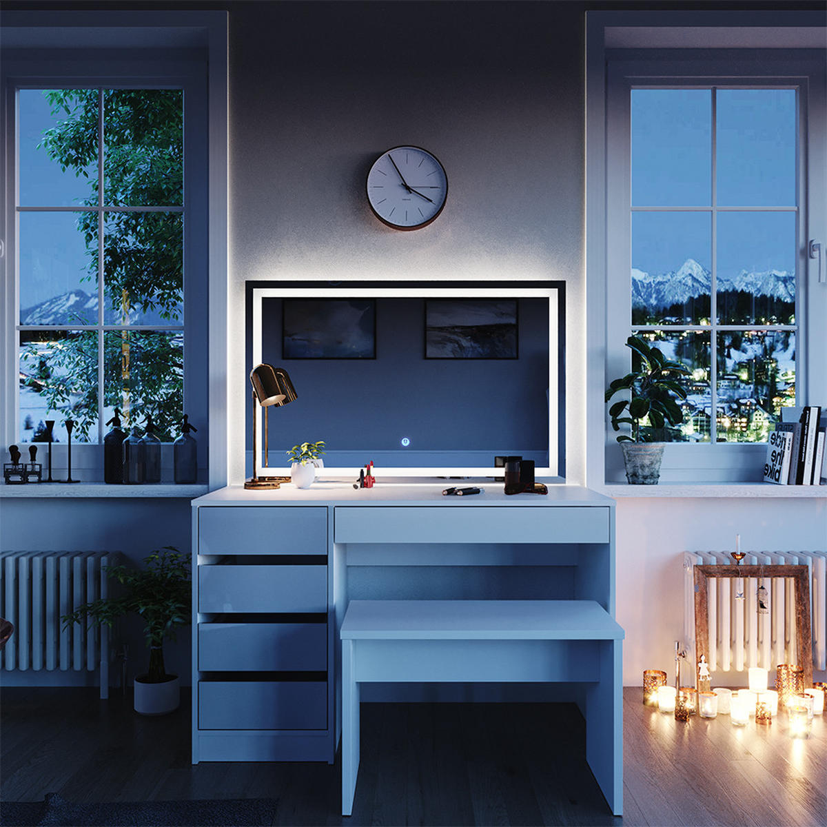 SCHMINKTISCH Sherry Weiß 120 cm mit LED-Spiegel und Bank - Weiß Hochglanz, Holzwerkstoff (55/75/120cm) - Vicco