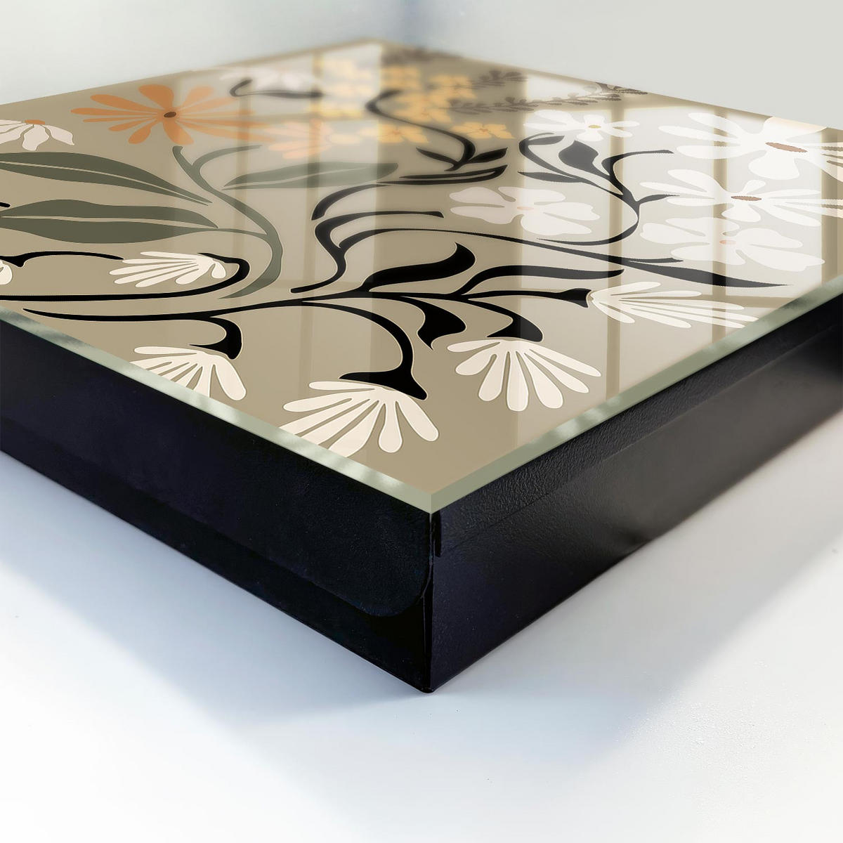 SCHLÜSSELBOX Schwarz 30x30 cm- Türöffnung nach rechts - Blumenmotiv - Beige, Metall (30/30/5cm) - TULUP