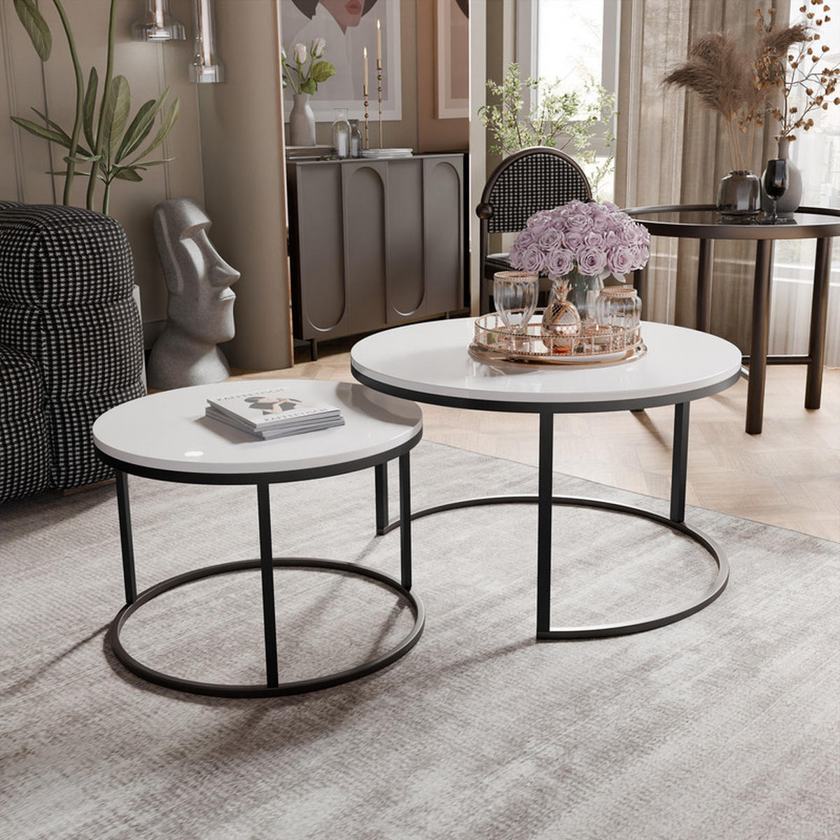 COUCHTISCH rund Groß, Weißglanz, Rahmen Schwarz - Weiß Hochglanz/Schwarz, Metall (80/80/48cm) - Idohome