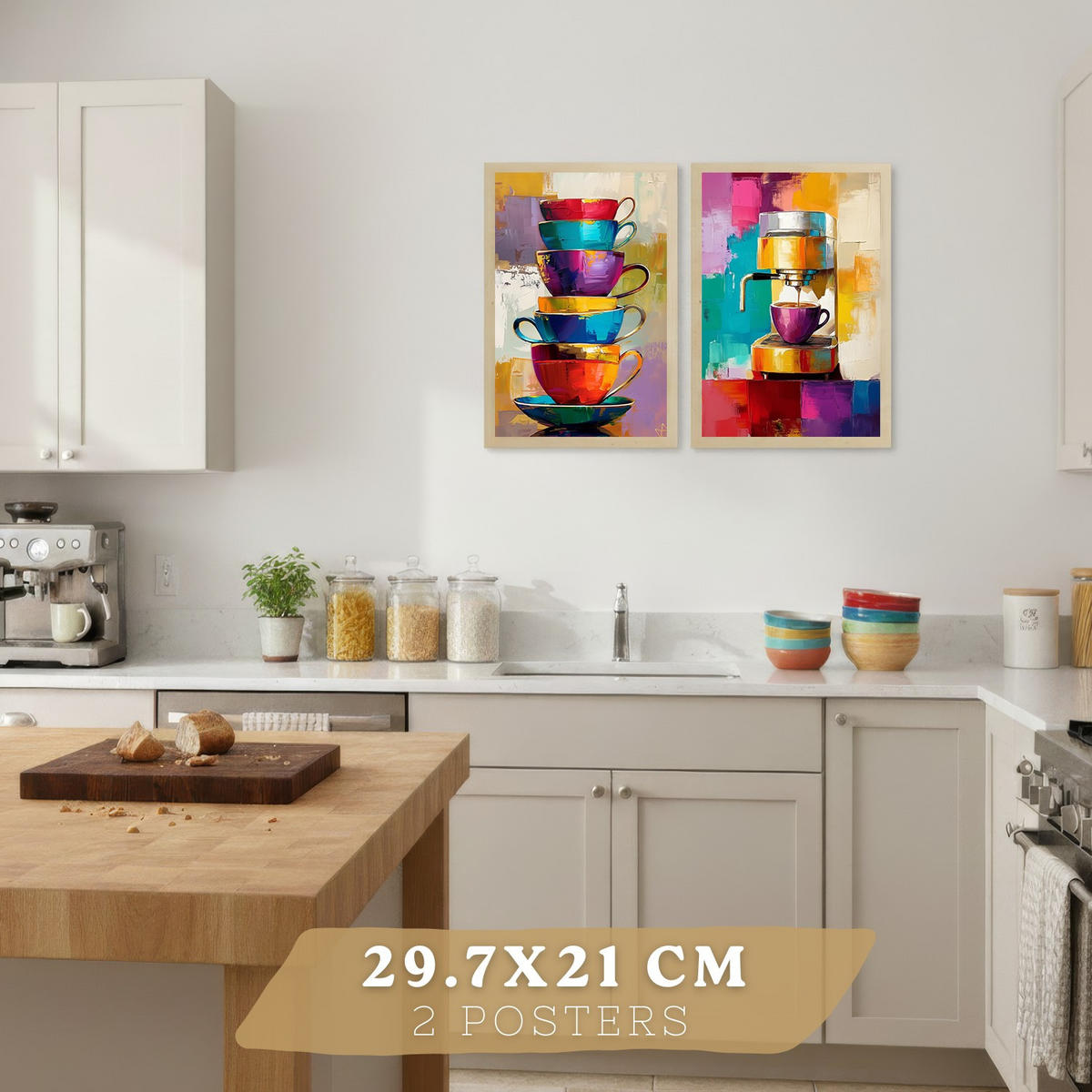 POSTER 2er Set Küchen-Wandbilder Kaffeetassen und Espressomaschine Pop Art Bunt Esszimmer Wanddeko Rahmenlos A4 - Beige, Papier (29.7/1/21cm) - Nacnic