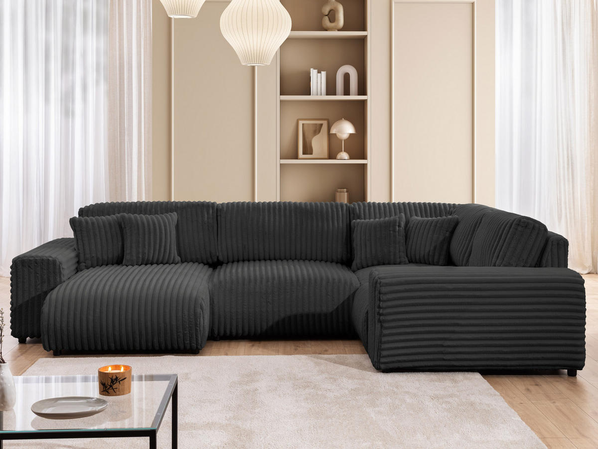 WOHNLANDSCHAFT Mollis Dunkelgrau Plüschcord im XXL-Format - Ottomane Links - Dunkelgrau/Schwarz, Holz/Kunststoff (316/77/194cm) - S-Style Möbel