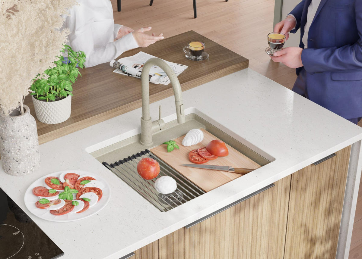 UNTERBAUSPÜLE GRANIT Bergen, 2-er set Beige 56/53 cm 1 Becken + Küchenarmatur 32/20 cm + Ablauf-Set + Schneidebrett ab 60er Unterschrank - Chromfarben/Beige, Kunststoff (56/20/53cm) - Primagran