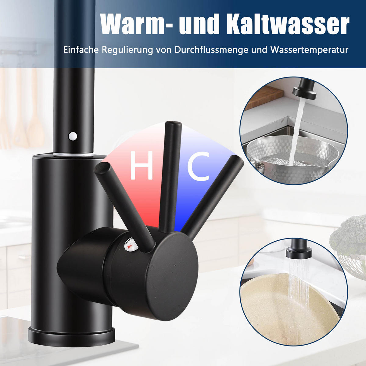KÜCHENARMATUR Schwarz mit Feder-Sprühkopf, 2 Strahlmodi, 360° drehbar, Keramikkartusche, Einhebelmischer, rostfrei, Einlochmontage - Schwarz, Metall (4.5/46/17.5cm) - Joyfair