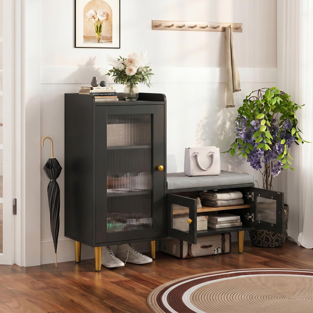 SCHUHKOMMODE Holzoptik Schwarz mit Sitzbank und Glastüren, Garderobe für Flur - Schwarz, Holz (100/90/35cm) - PARAFTA HOME