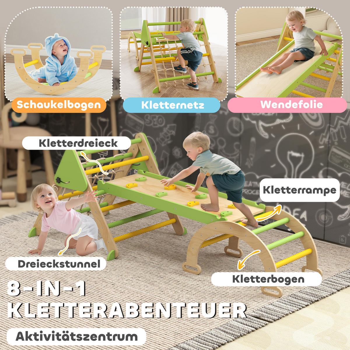 KLETTERGERÜST 8-in-1 DE-09833 Grün - Grün, Holzwerkstoff (42/36/68.5cm) - ComfortXL