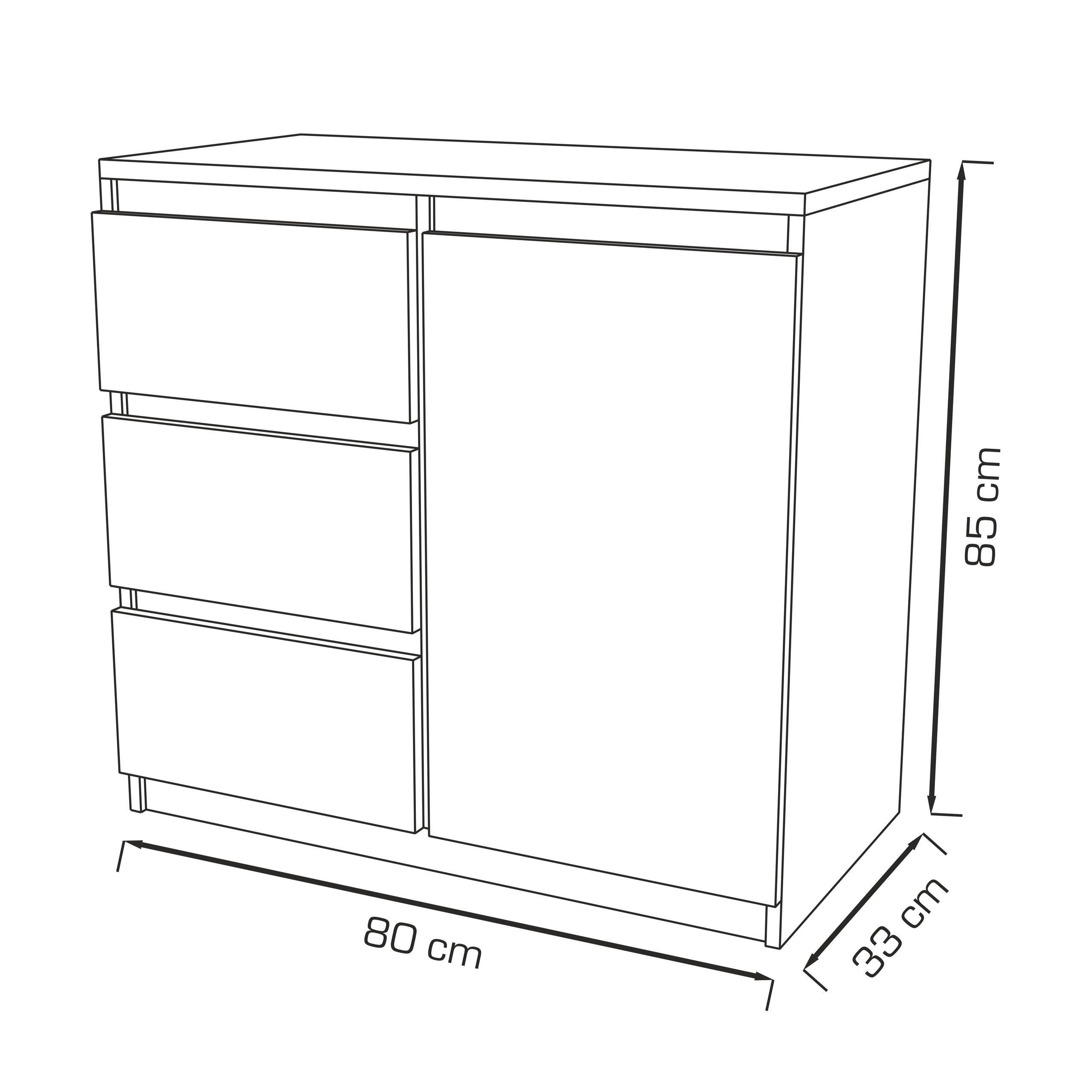 KOMMODE MERAVIGLIA 80/85/33 cm mit 3 Schubladen 1 Türen Weiß - Weiß, Holzwerkstoff (80/85/33cm) - MASSENO