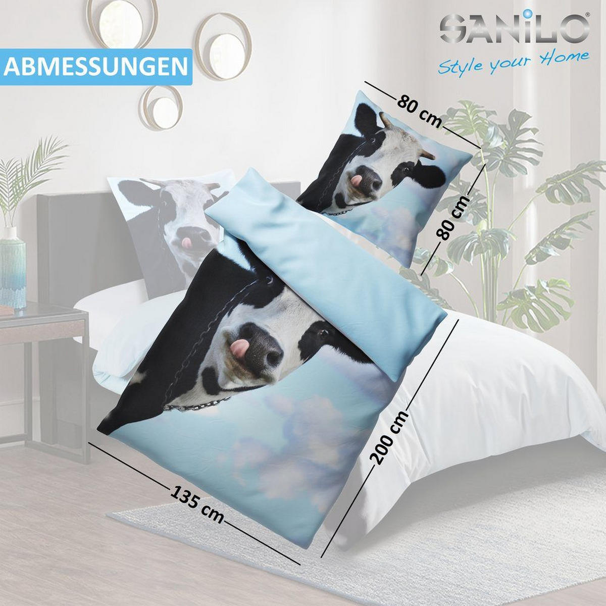 BETTWÄSCHE 4-teilig Kuhkopf - Blau, Naturmaterialien (135/200cm) - Sanilo