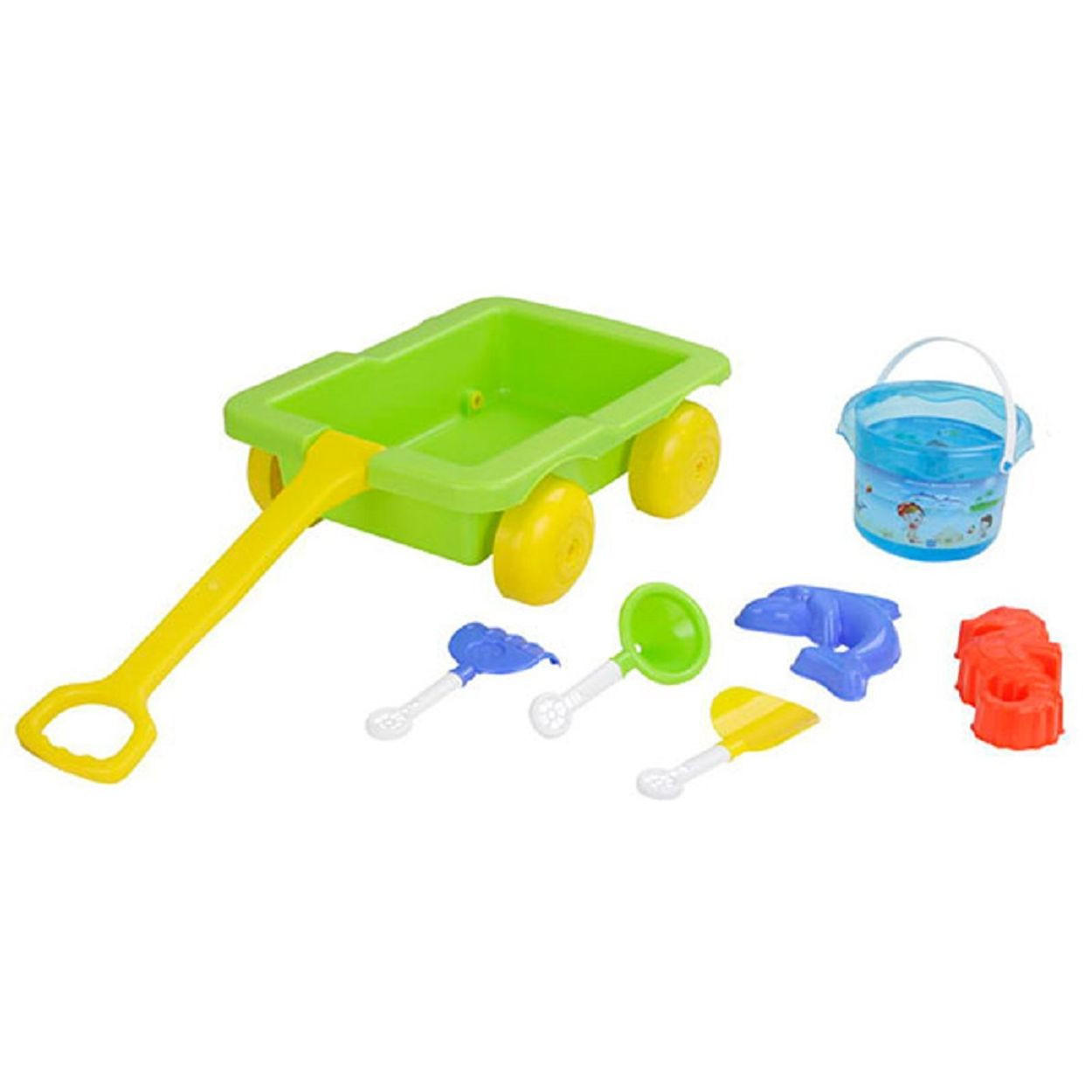 SANDSPIELZEUG 6112 Ziehwagen, Eimer, Förmchen, Schaufeln, Rechen, flaches Wasser - Multicolor, Kunststoff (39/30/14cm) - Pilsan